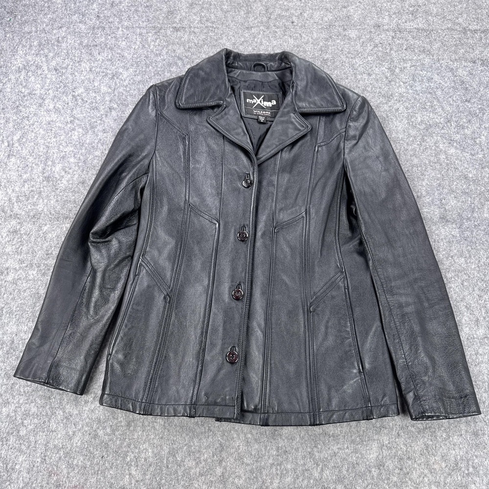 Maxima Wilsons Leather Jacket Womens Medium Black Button Front Notch Lapel Lined